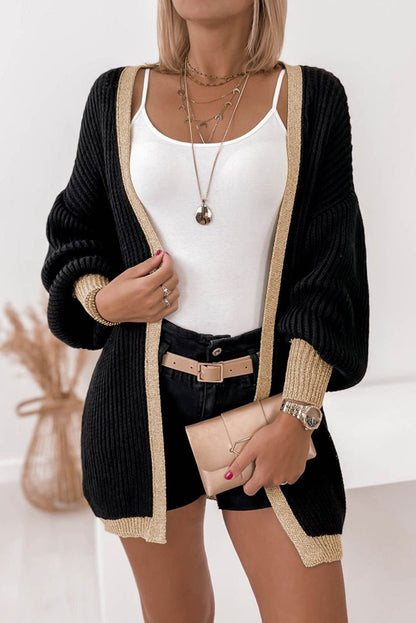 Black Bishop Sleeve Colorblock Open Front Cardigan Sweater - Vesteeto