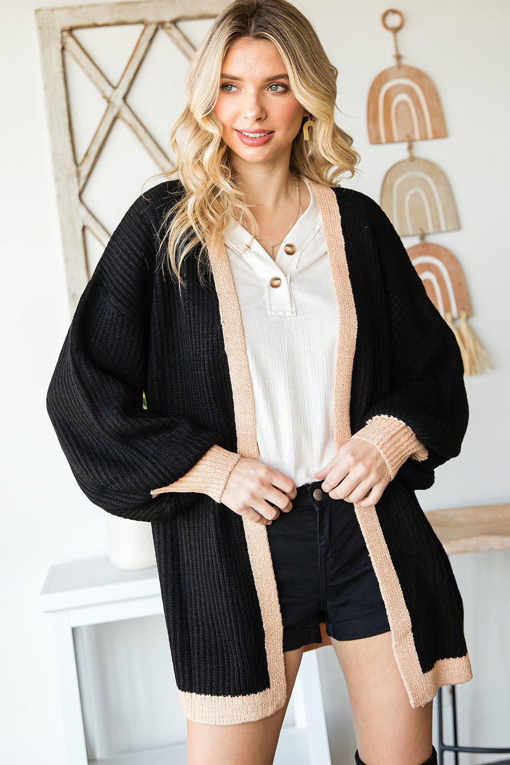 Black Bishop Sleeve Colorblock Open Front Cardigan Sweater - Vesteeto