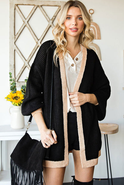 Black Bishop Sleeve Colorblock Open Front Cardigan Sweater - Vesteeto