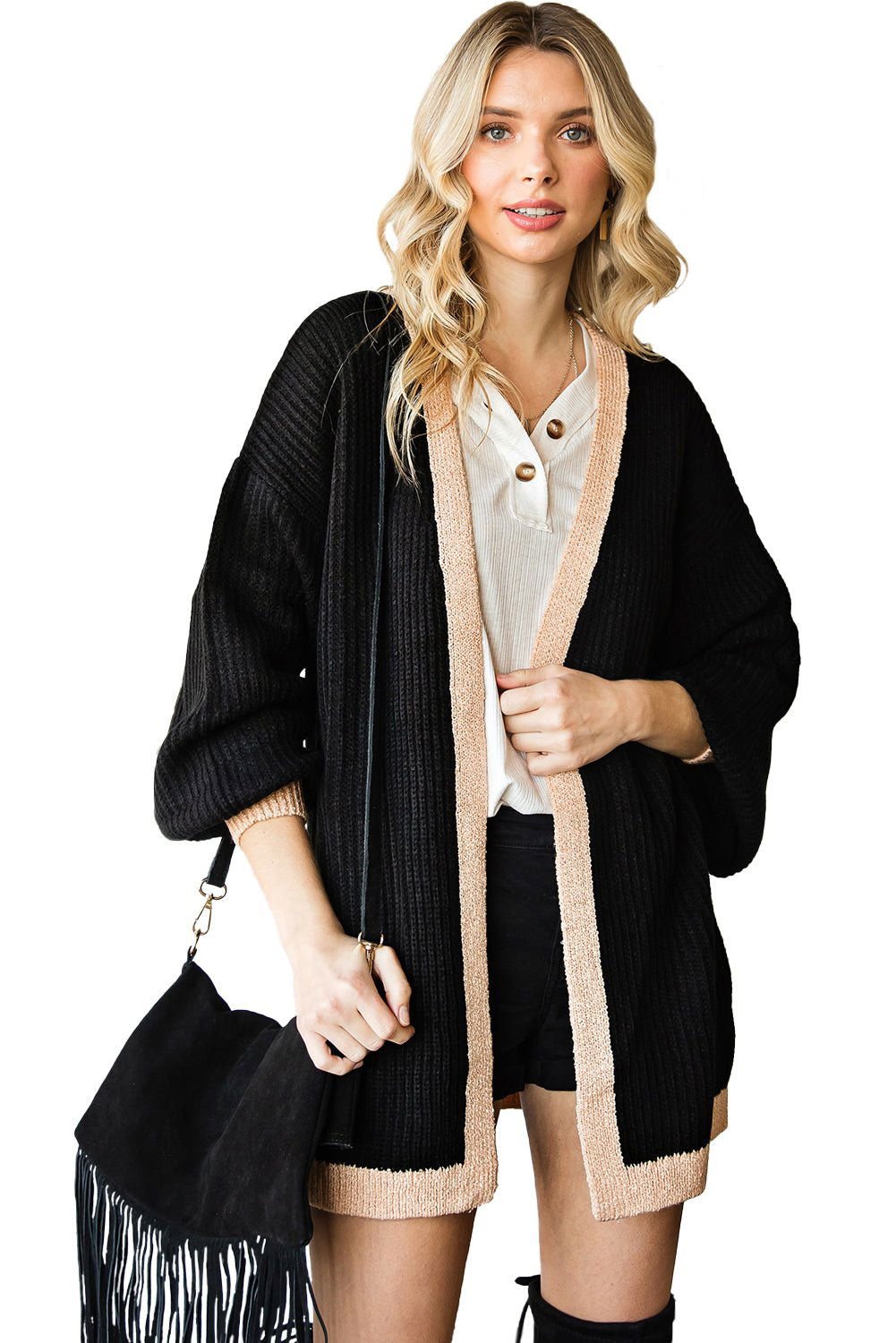 Black Bishop Sleeve Colorblock Open Front Cardigan Sweater - Vesteeto