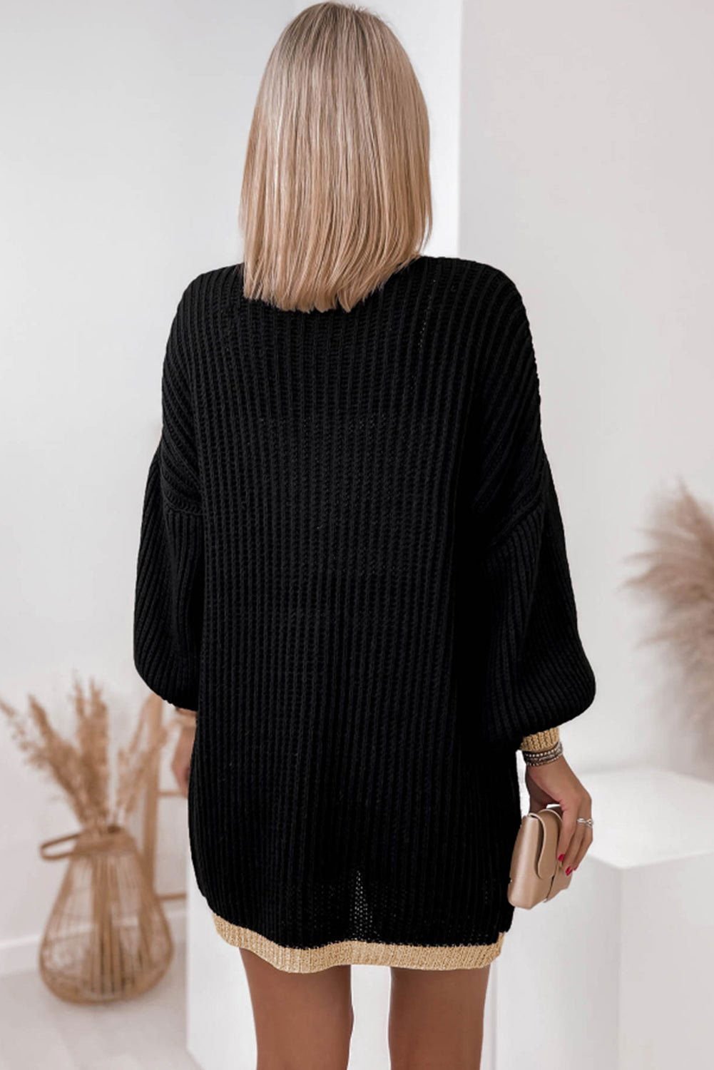 Black Bishop Sleeve Colorblock Open Front Cardigan Sweater - Vesteeto