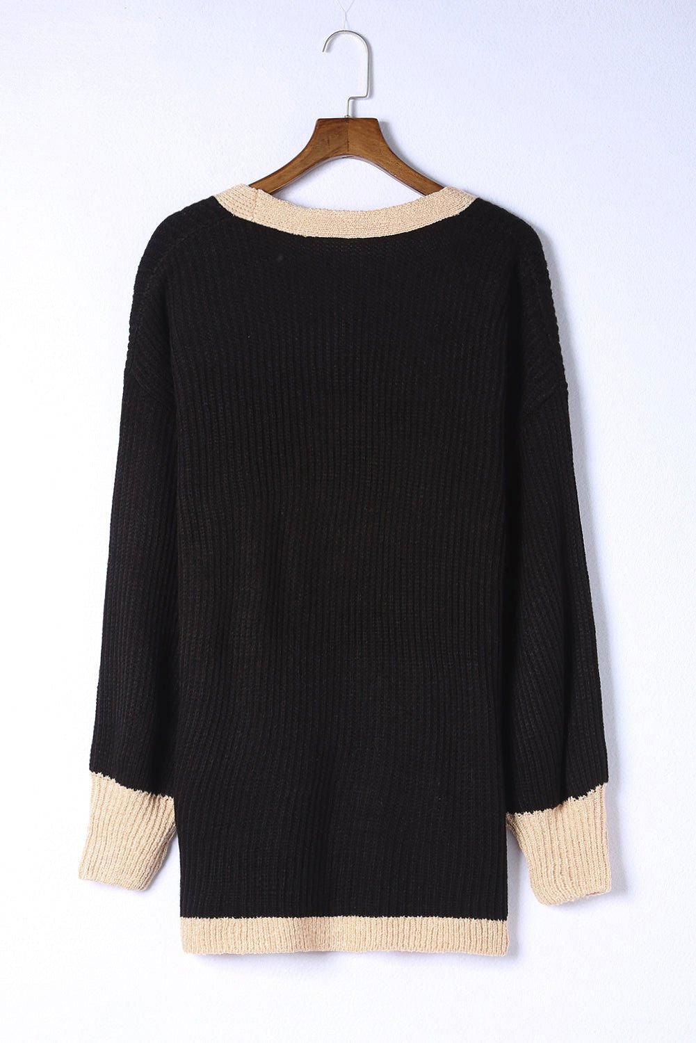 Black Bishop Sleeve Colorblock Open Front Cardigan Sweater - Vesteeto