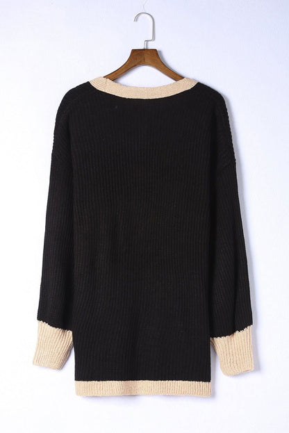 Black Bishop Sleeve Colorblock Open Front Cardigan Sweater - Vesteeto