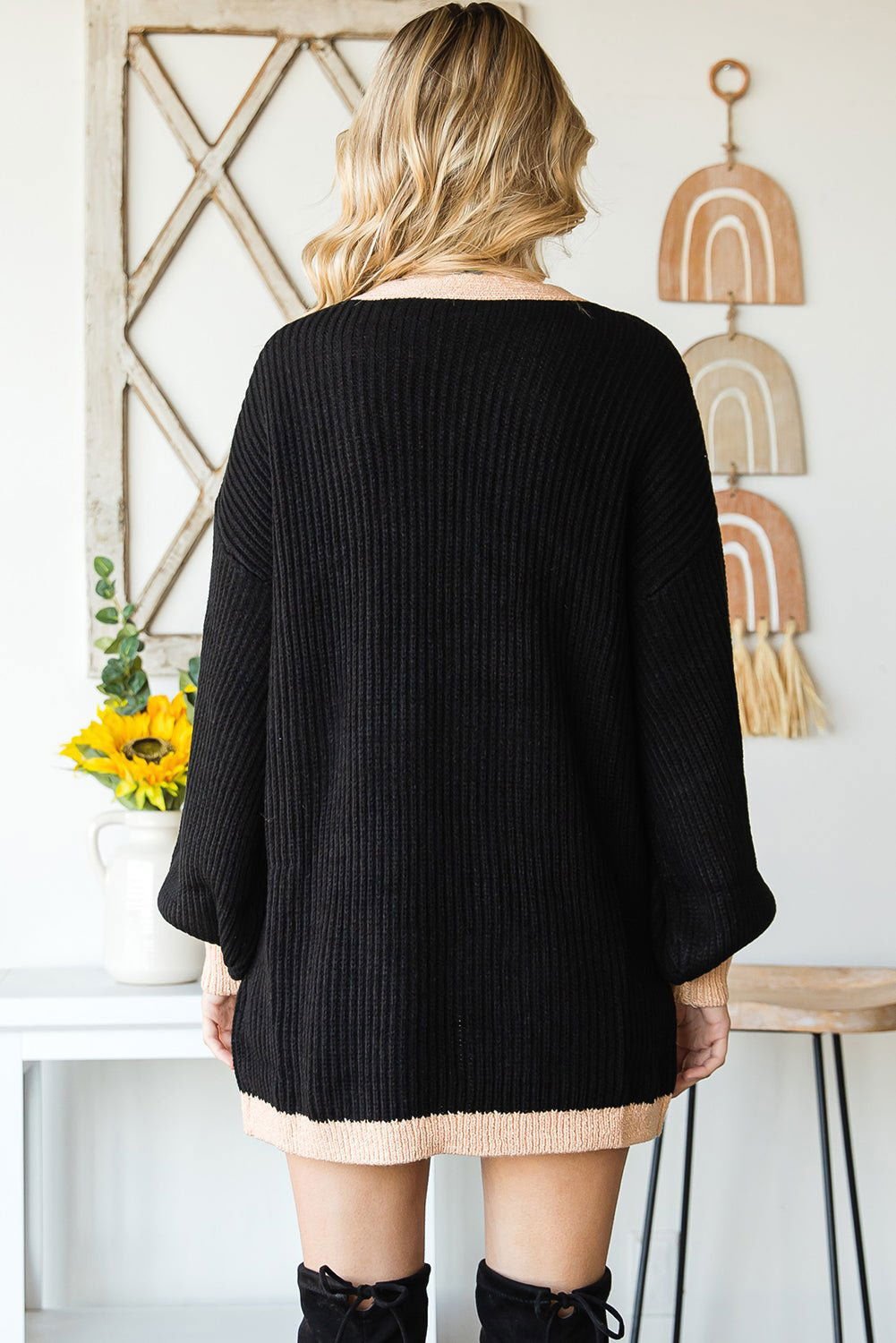 Black Bishop Sleeve Colorblock Open Front Cardigan Sweater - Vesteeto