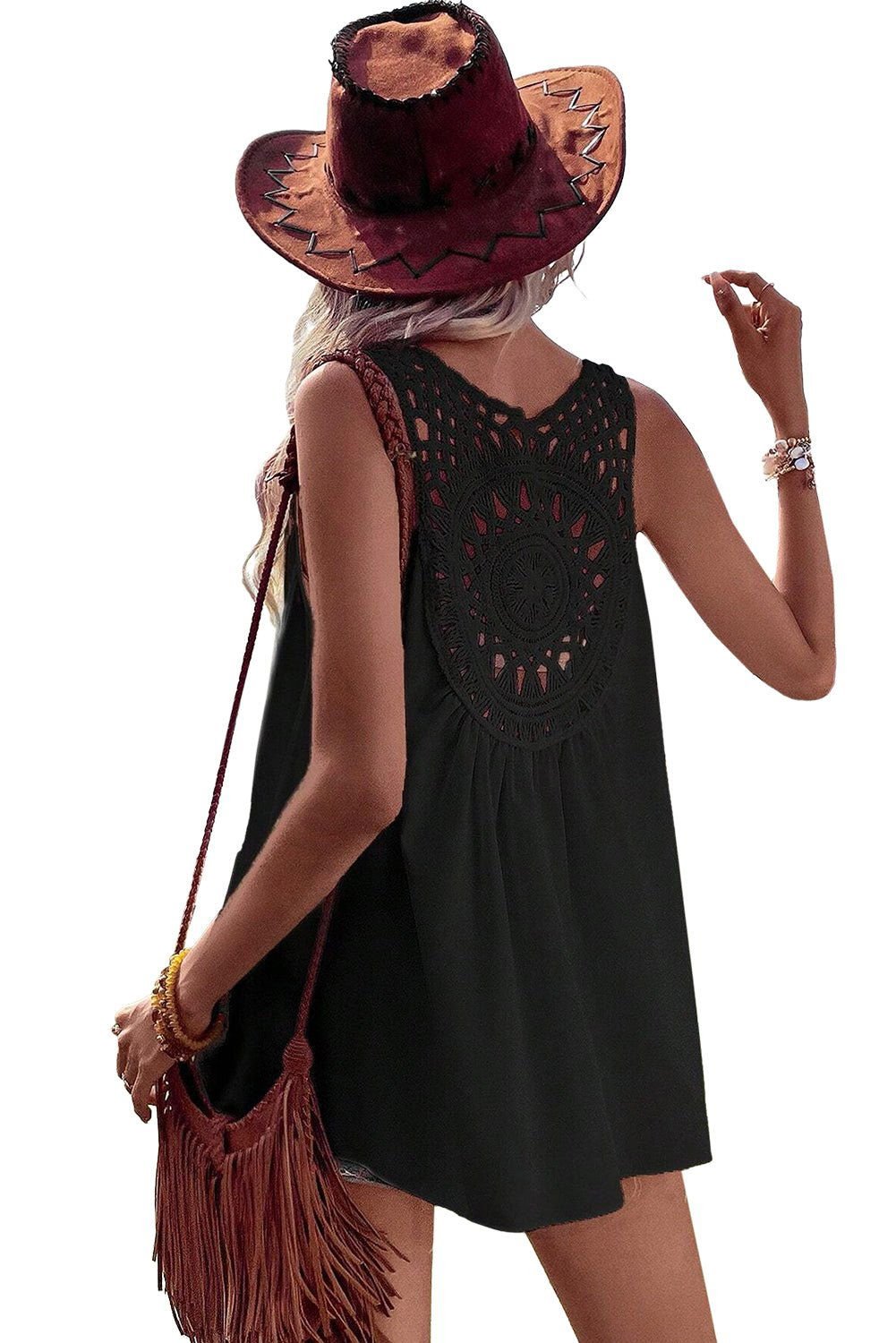 Black Bohemian Crochet Patchwork Sleeveless Tunic Top - Vesteeto