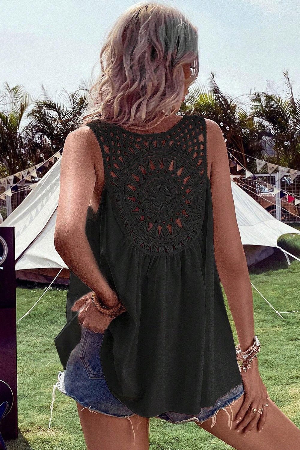 Black Bohemian Crochet Patchwork Sleeveless Tunic Top - Vesteeto