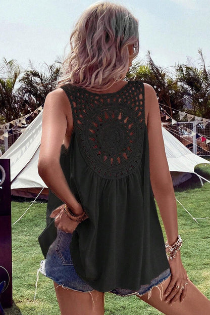 Black Bohemian Crochet Patchwork Sleeveless Tunic Top - Vesteeto