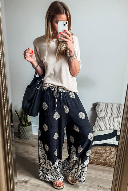 Black Bohemian Print Drawstring Waist Wide Leg Pants - Vesteeto