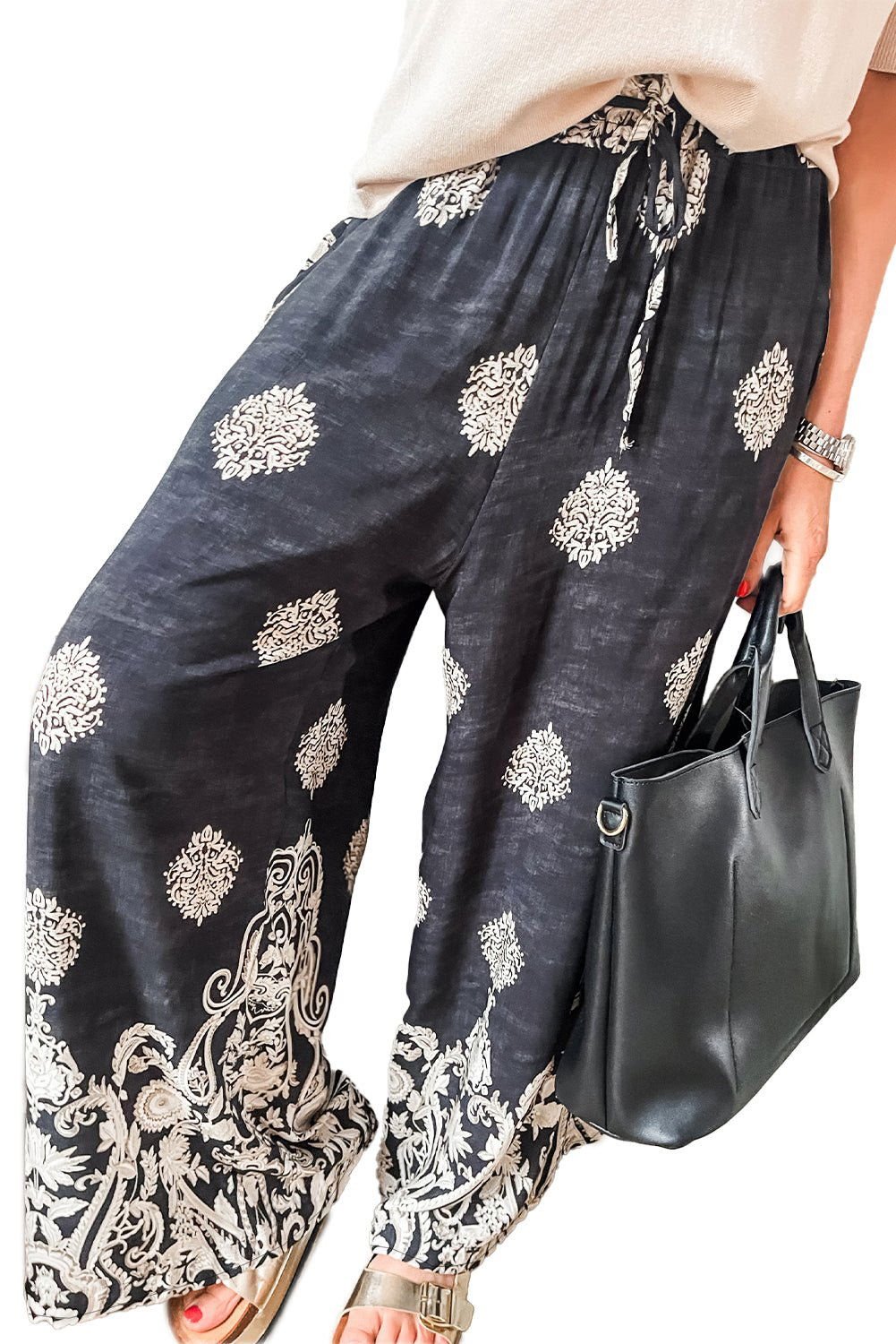 Black Bohemian Print Drawstring Waist Wide Leg Pants - Vesteeto