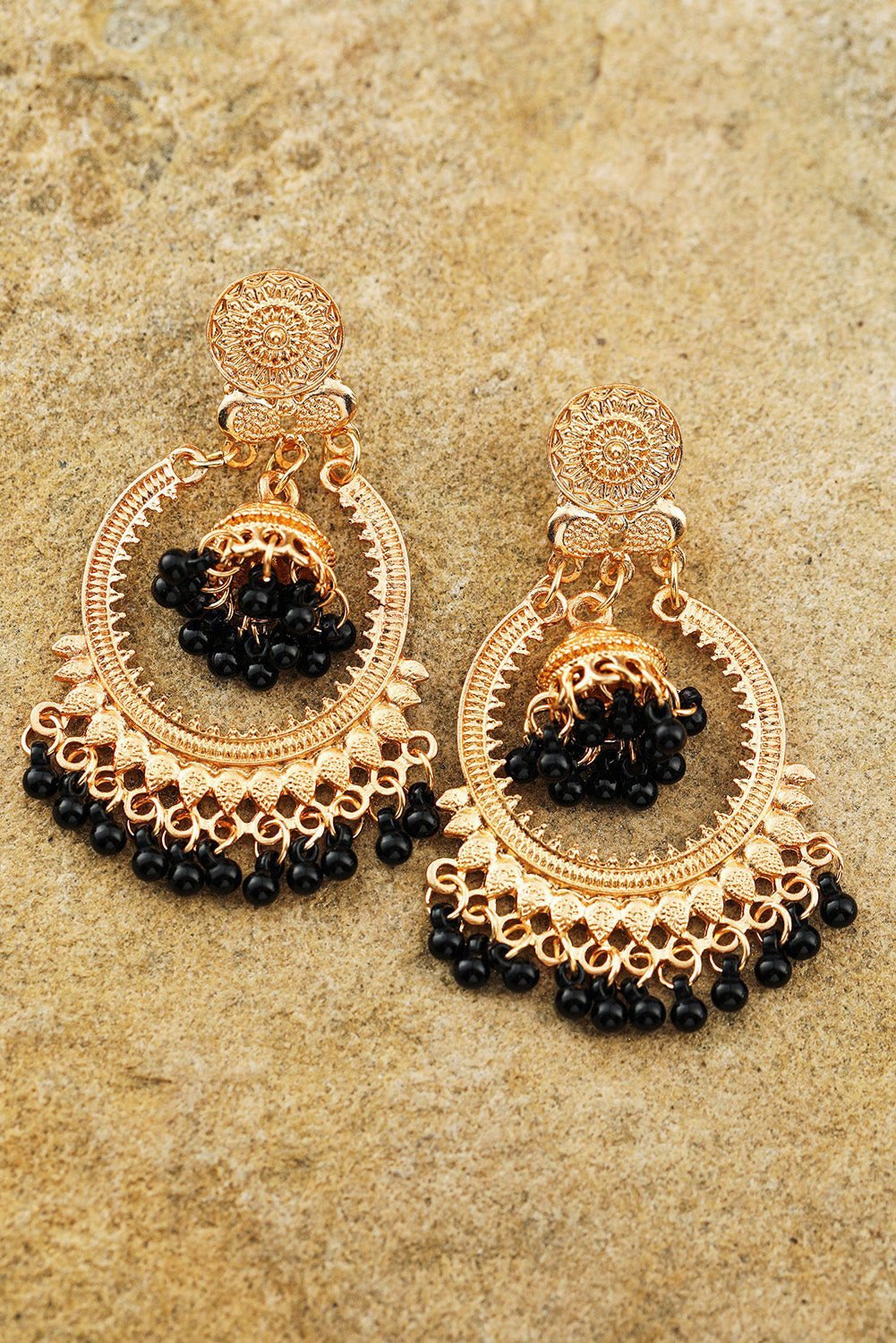 Black Boho Beads Tassel Alloy Dangle Earrings - Vesteeto