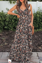 Black Boho Retro Printed Spaghetti Strap V Neck Maxi Dress - Vesteeto