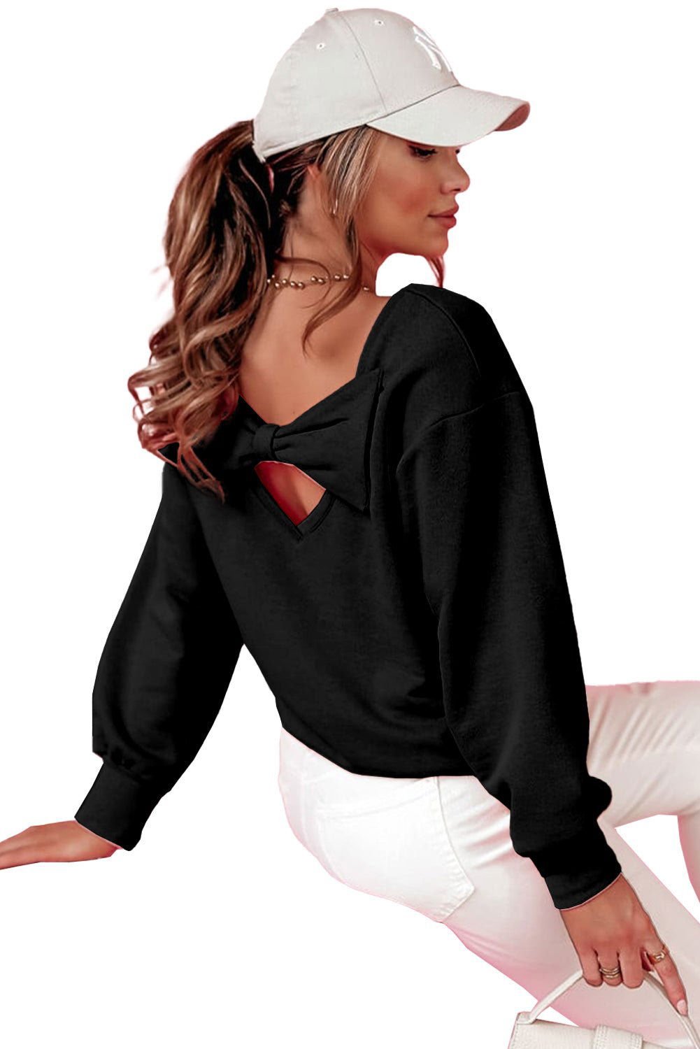 Black Bowknot Plain Round Neck Sweatshirt - Vesteeto