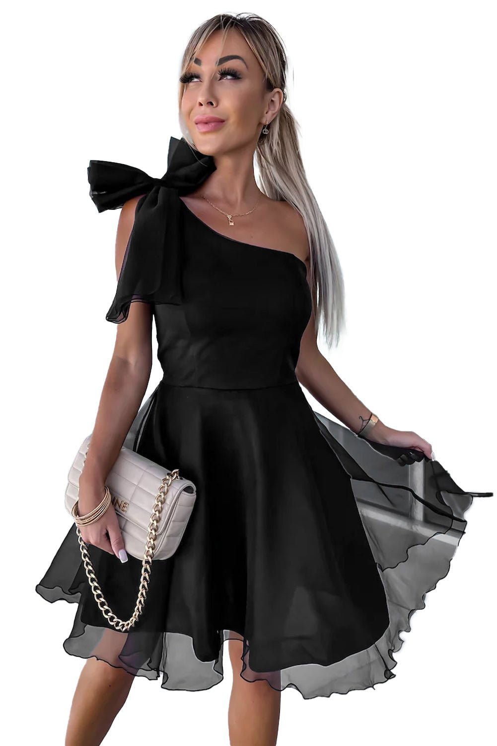 Black Bowtie One Shoulder Tulle Overlay Skater Dress - Chic Style - Vesteeto