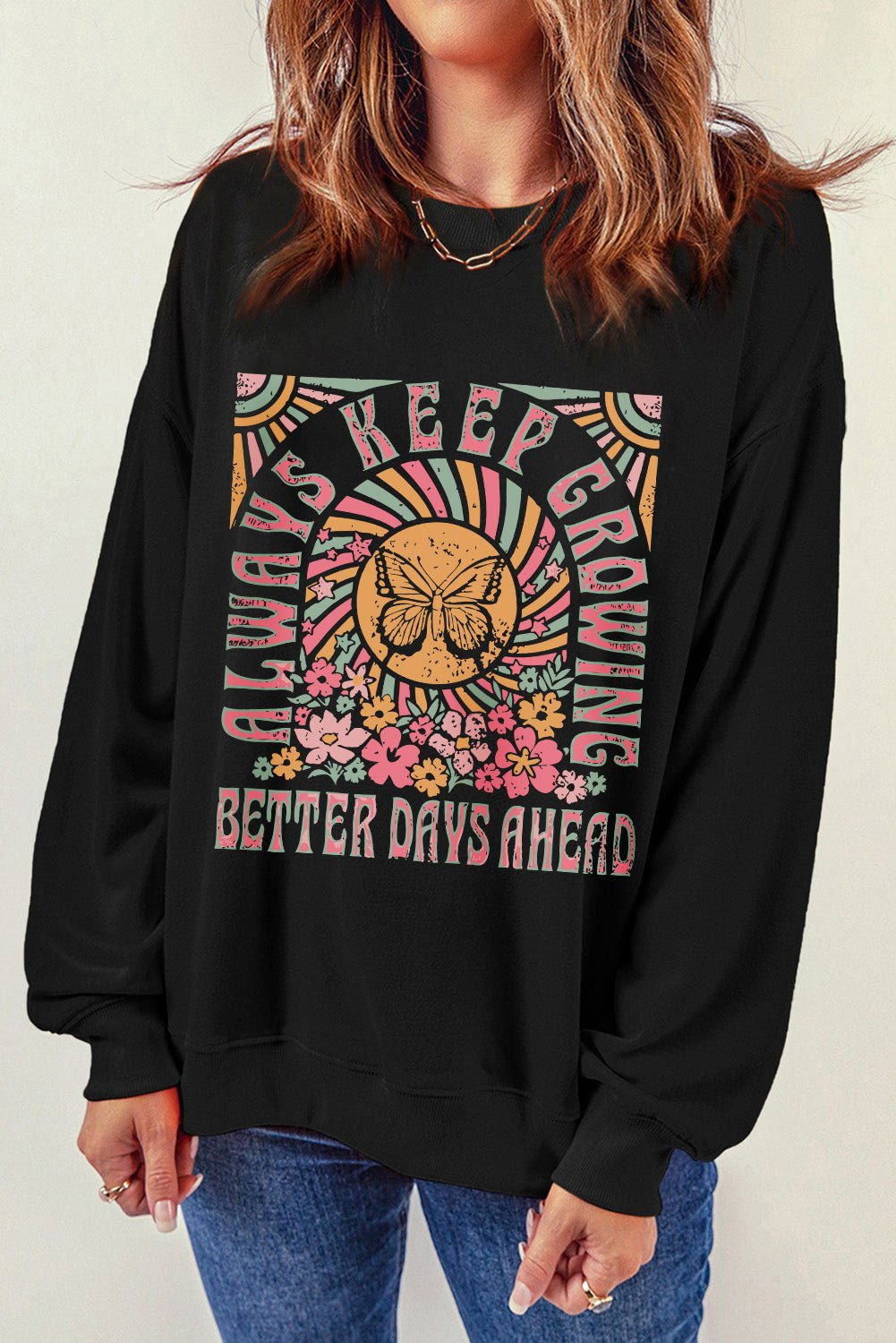 Black Butterfly Flower Letter Graphic Round Neck Sweatshirt - Vesteeto