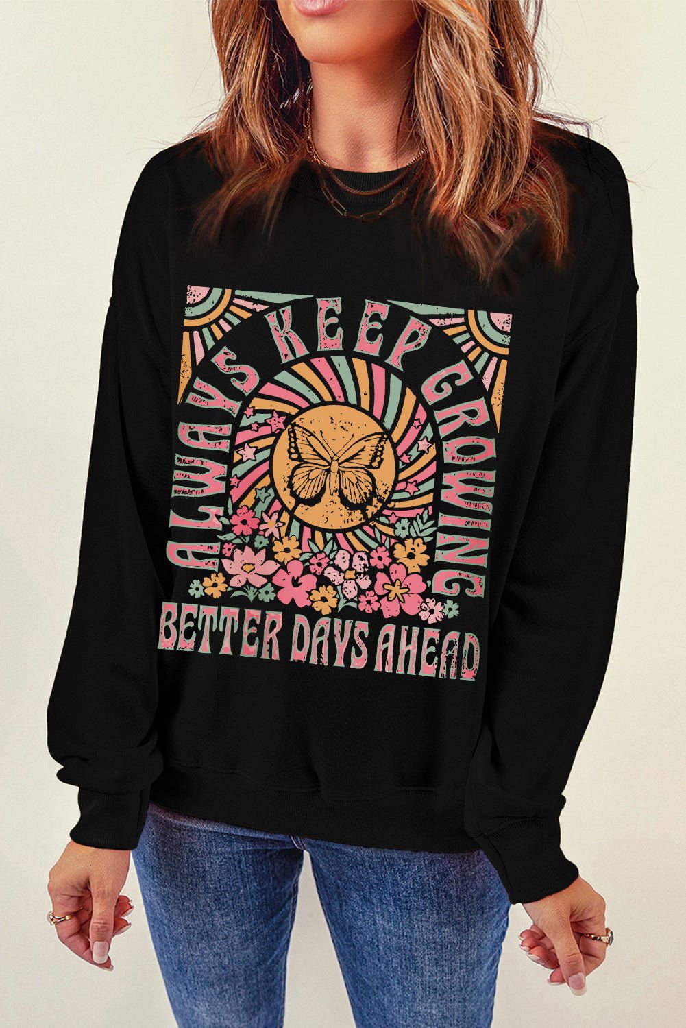 Black Butterfly Flower Letter Graphic Round Neck Sweatshirt - Vesteeto