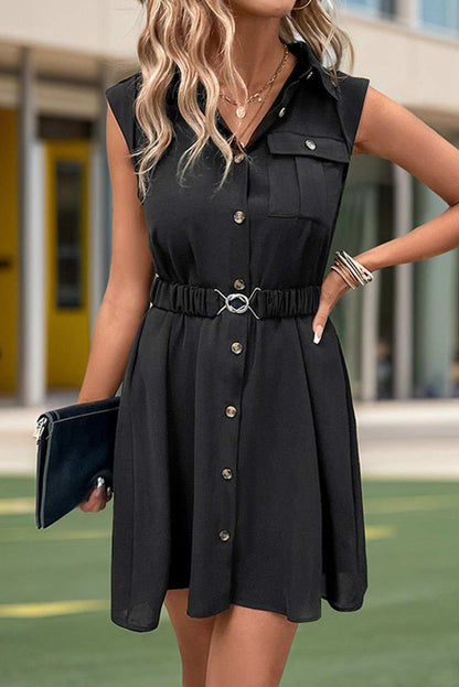 Black Button Front V Neck Sleeveless Short Dress - Chic Style - Vesteeto