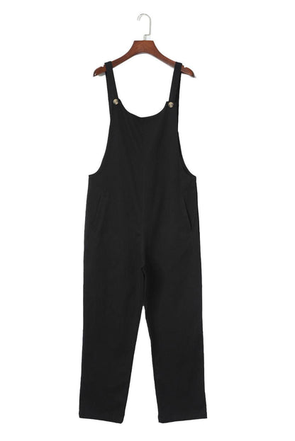 Black Button Straps Pocketed Cropped Jumpsuit - Vesteeto