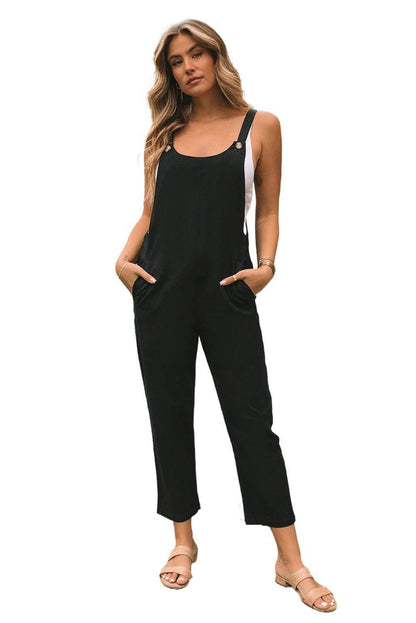 Black Button Straps Pocketed Cropped Jumpsuit - Vesteeto