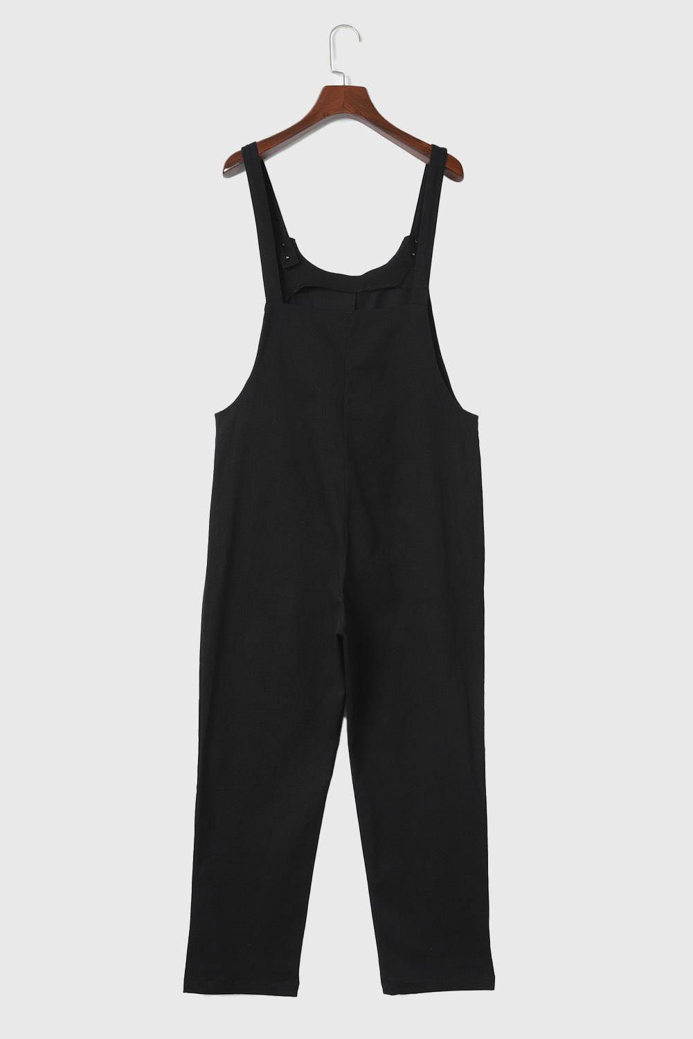 Black Button Straps Pocketed Cropped Jumpsuit - Vesteeto