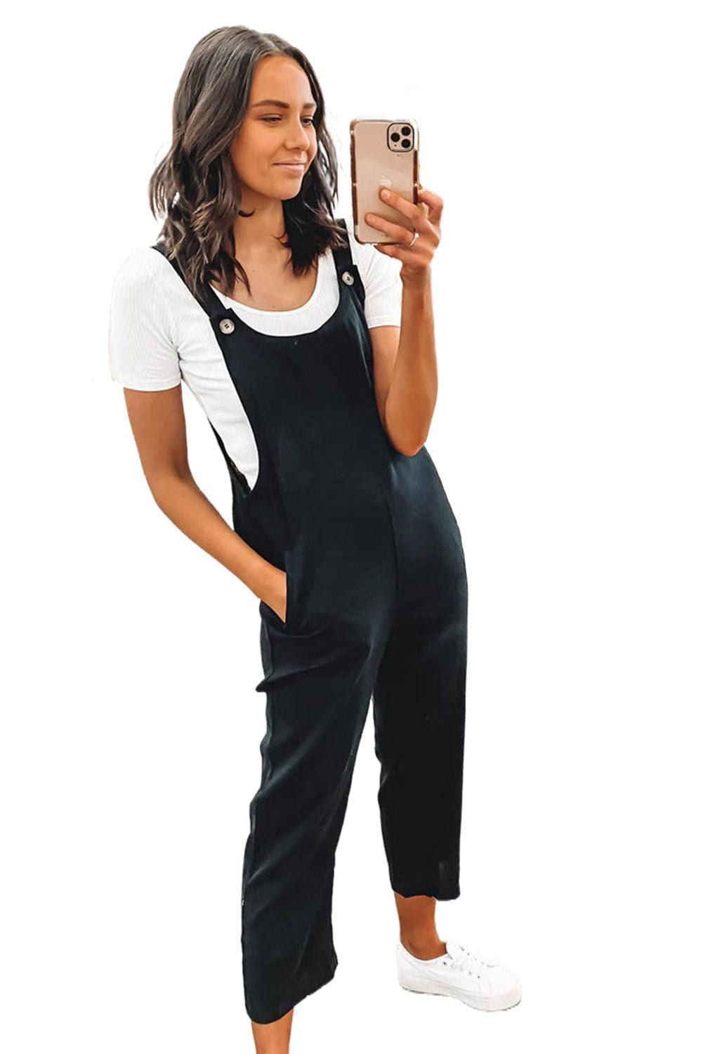 Black Button Straps Pocketed Cropped Jumpsuit - Vesteeto