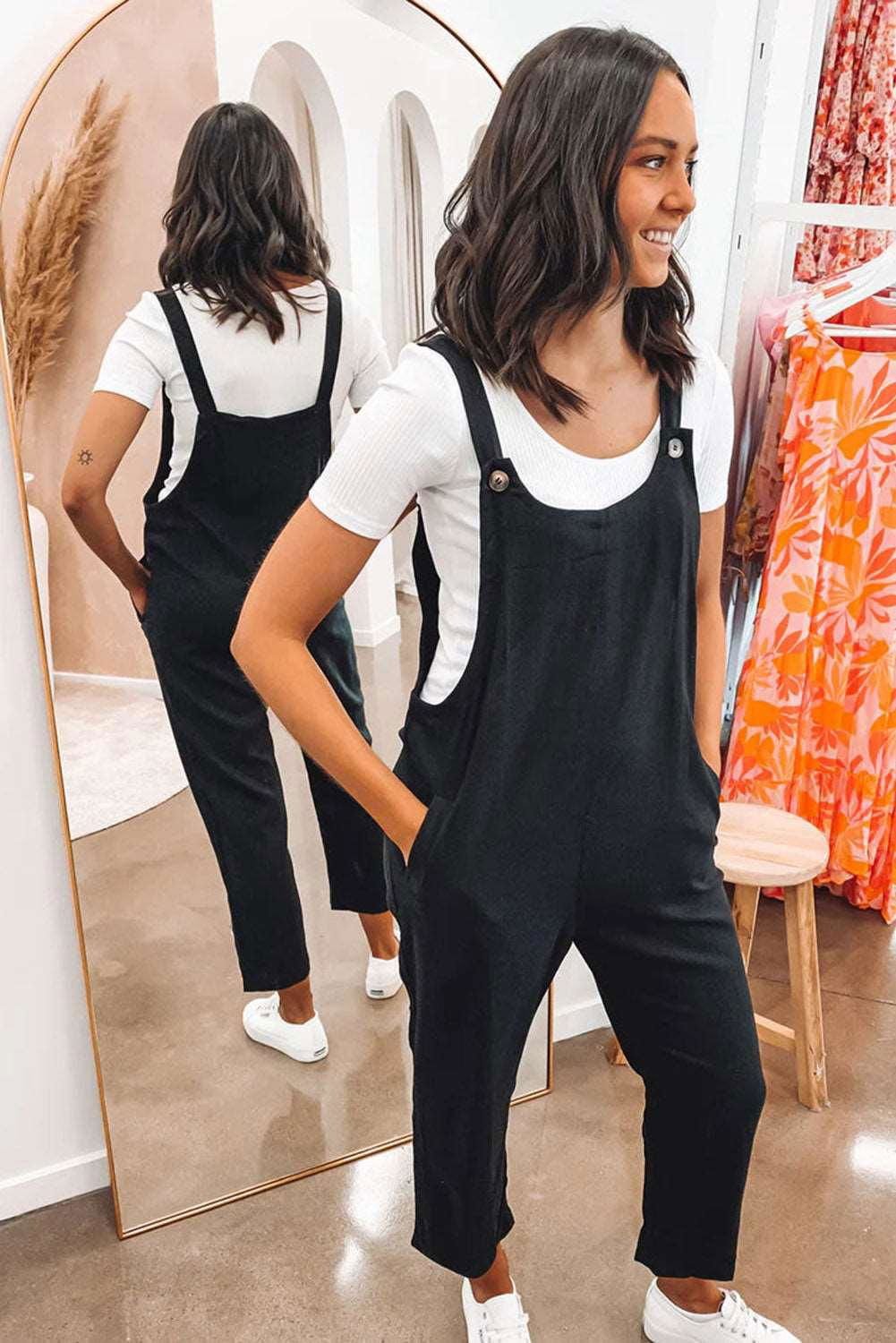 Black Button Straps Pocketed Cropped Jumpsuit - Vesteeto