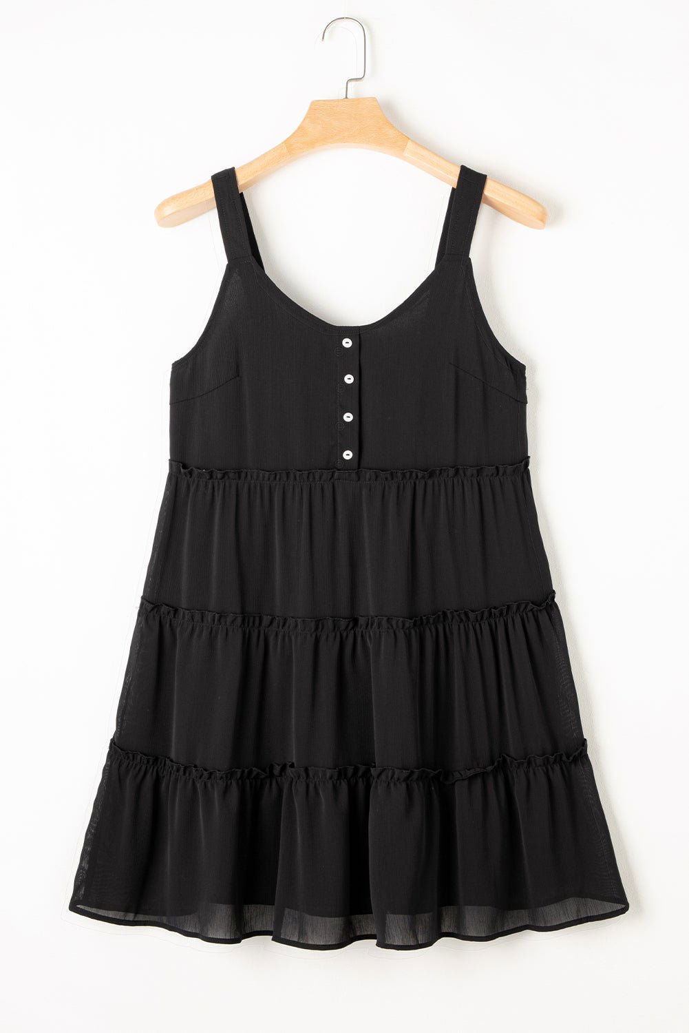 Black Button V Neck Frilly Tiered Sleeveless Dress - Elegant Chic - Vesteeto