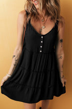 Black Button V Neck Frilly Tiered Sleeveless Dress - Elegant Chic - Vesteeto