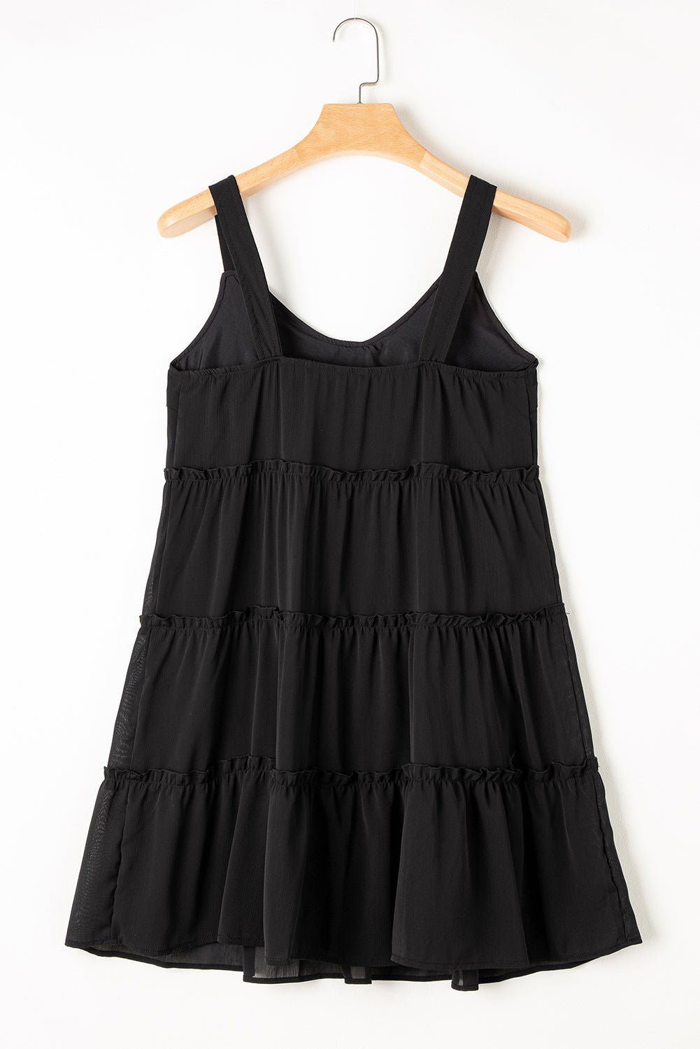 Black Button V Neck Frilly Tiered Sleeveless Dress - Elegant Chic - Vesteeto