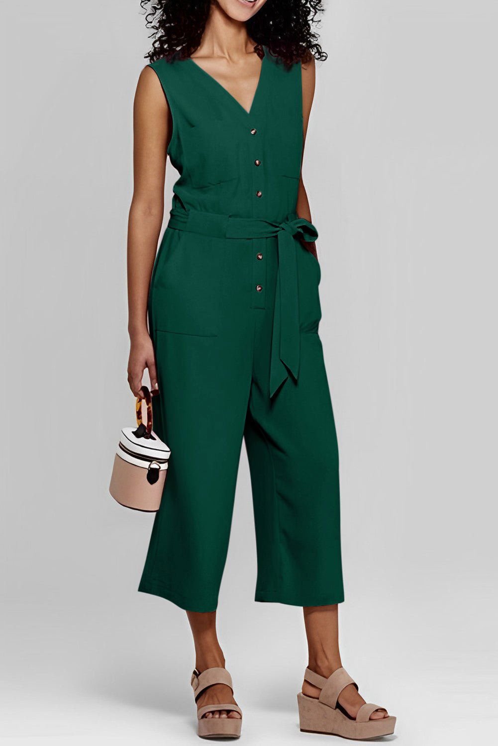 Black Buttoned Sleeveless Cropped Jumpsuit With Sash - Vesteeto