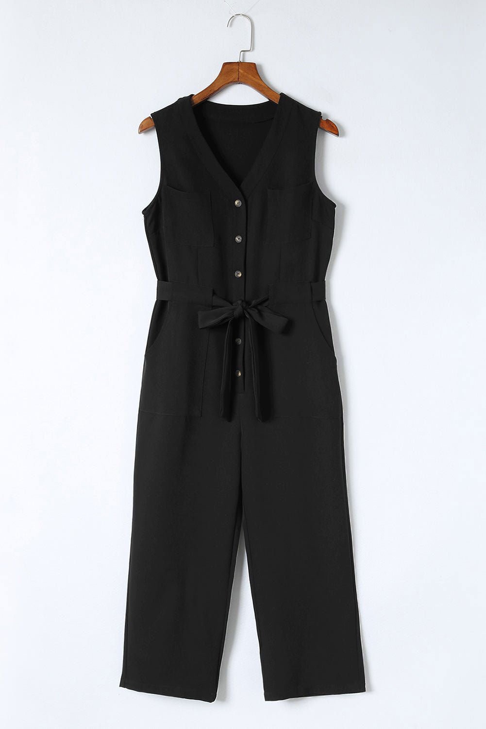 Black Buttoned Sleeveless Cropped Jumpsuit With Sash - Vesteeto