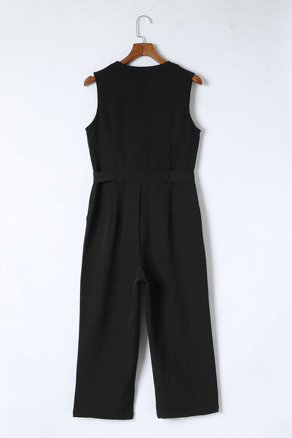 Black Buttoned Sleeveless Cropped Jumpsuit With Sash - Vesteeto