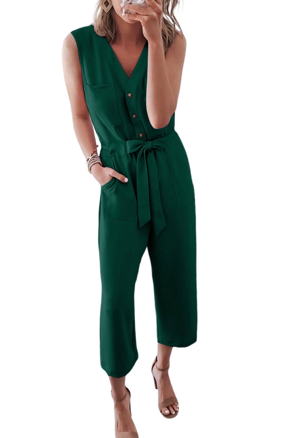 Black Buttoned Sleeveless Cropped Jumpsuit With Sash - Vesteeto