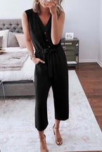 Black Buttoned Sleeveless Cropped Jumpsuit With Sash - Vesteeto