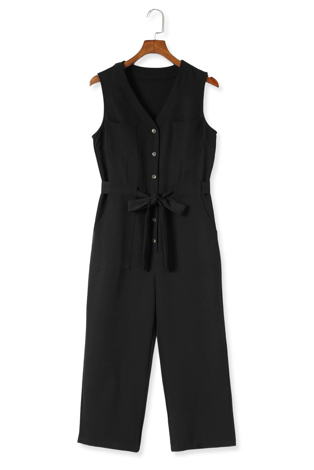 Black Buttoned Sleeveless Cropped Jumpsuit With Sash - Vesteeto