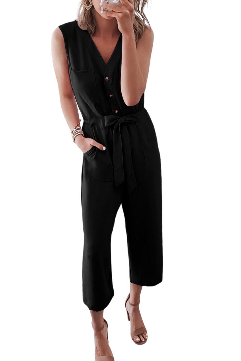 Black Buttoned Sleeveless Cropped Jumpsuit With Sash - Vesteeto