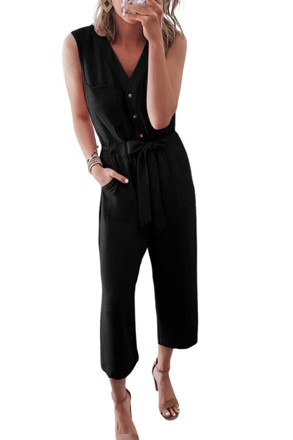 Black Buttoned Sleeveless Cropped Jumpsuit With Sash - Vesteeto