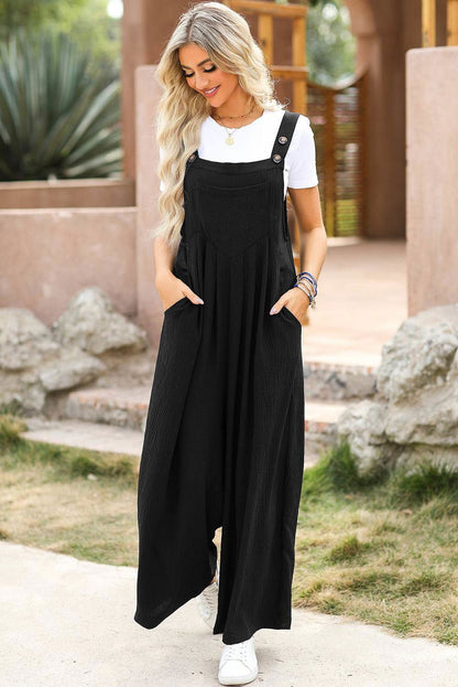 Black Buttoned Straps Crinkle Wide Leg Pocketed Overalls - Vesteeto