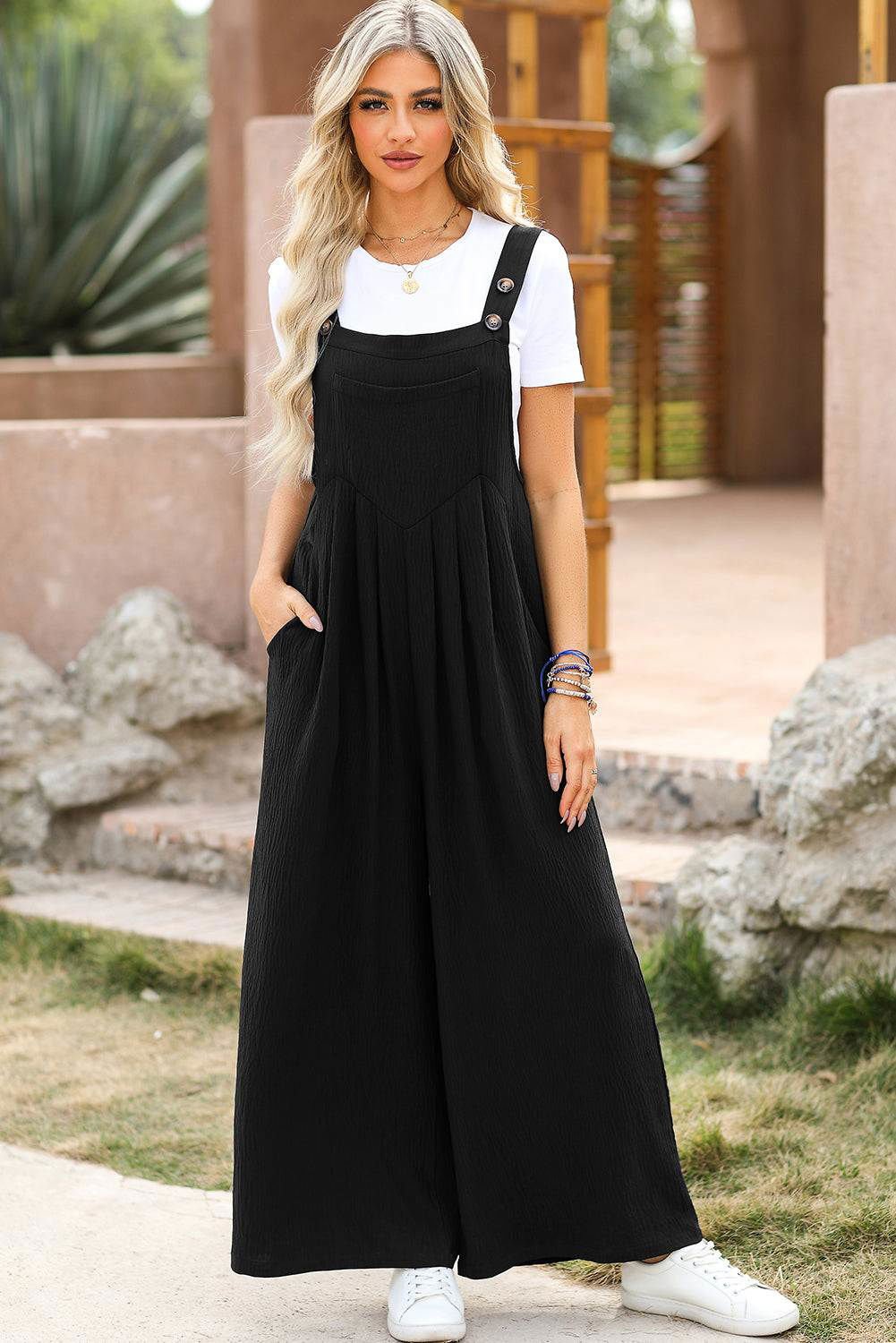 Black Buttoned Straps Crinkle Wide Leg Pocketed Overalls - Vesteeto