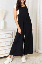 Black Buttoned Straps Crinkle Wide Leg Pocketed Overalls - Vesteeto