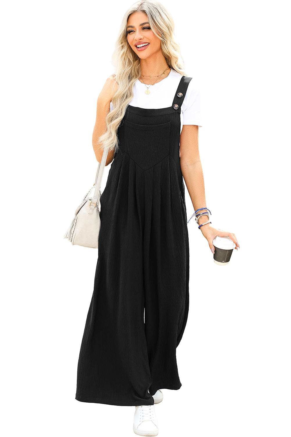 Black Buttoned Straps Crinkle Wide Leg Pocketed Overalls - Vesteeto