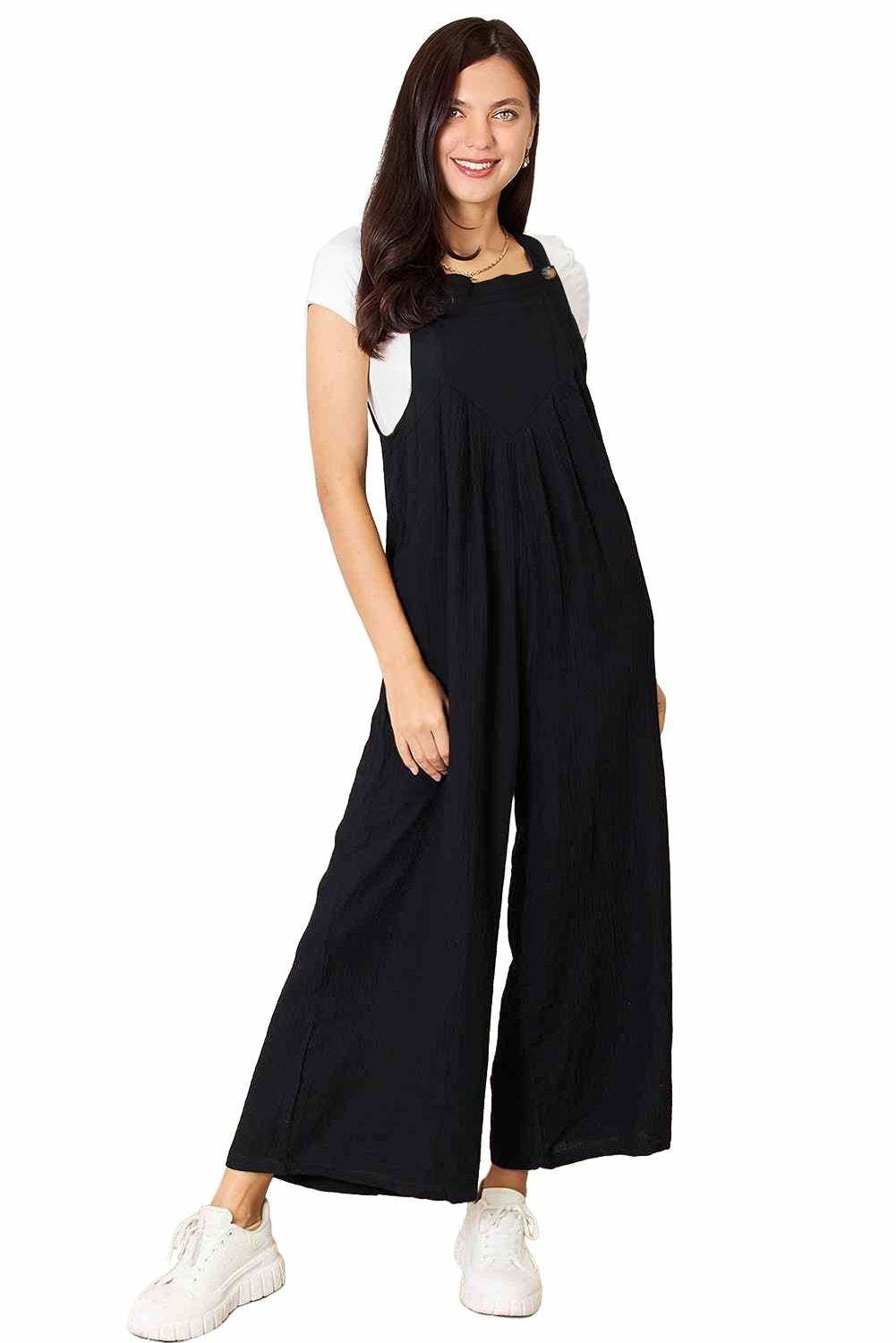 Black Buttoned Straps Crinkle Wide Leg Pocketed Overalls - Vesteeto