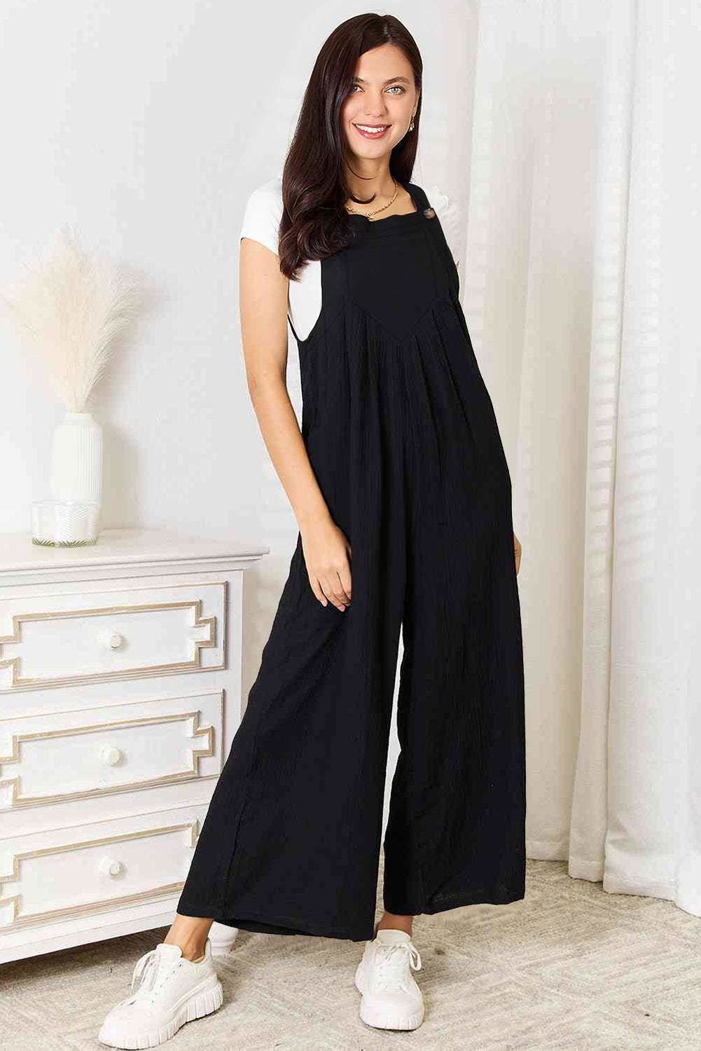 Black Buttoned Straps Crinkle Wide Leg Pocketed Overalls - Vesteeto