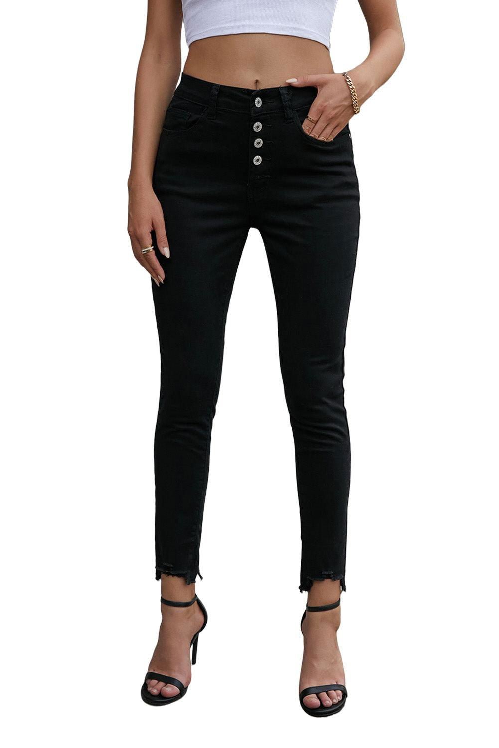 Black Buttons Frayed Cropped High Waisted Jeans - Vesteeto