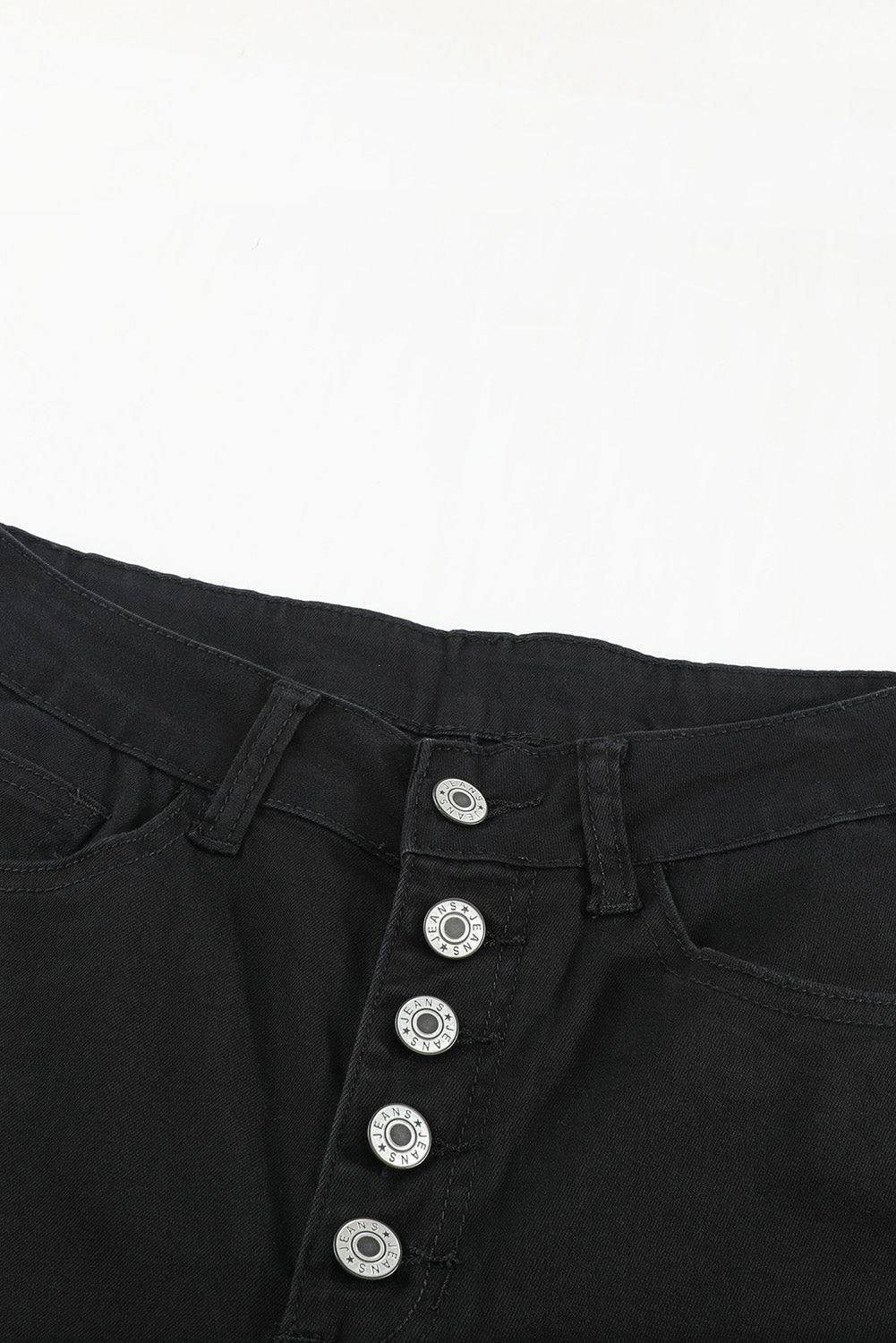 Black Buttons Frayed Cropped High Waisted Jeans - Vesteeto