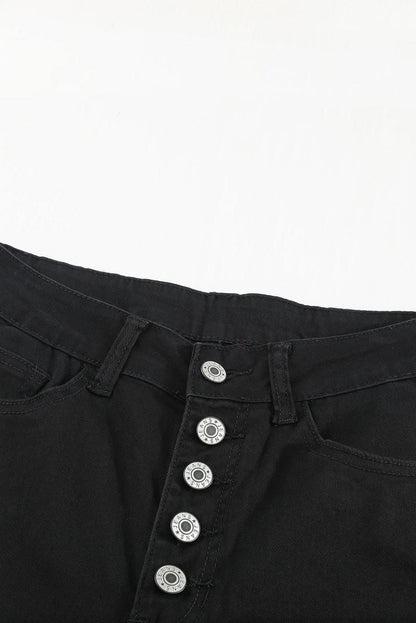 Black Buttons Frayed Cropped High Waisted Jeans - Vesteeto