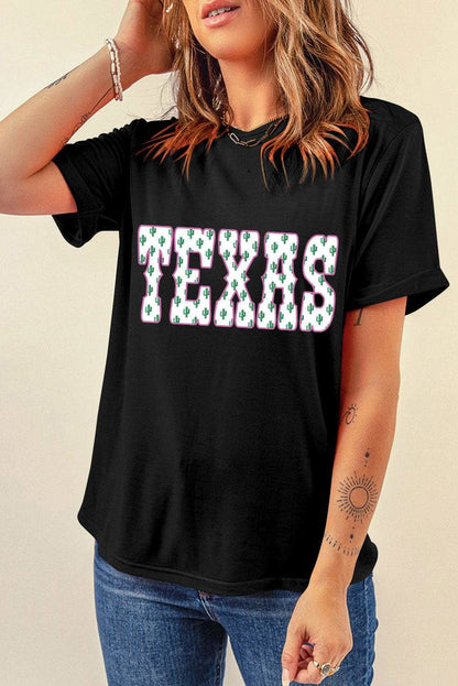 Black Cactus TEXAS Graphic Roll Up Sleeve T Shirt - Vesteeto