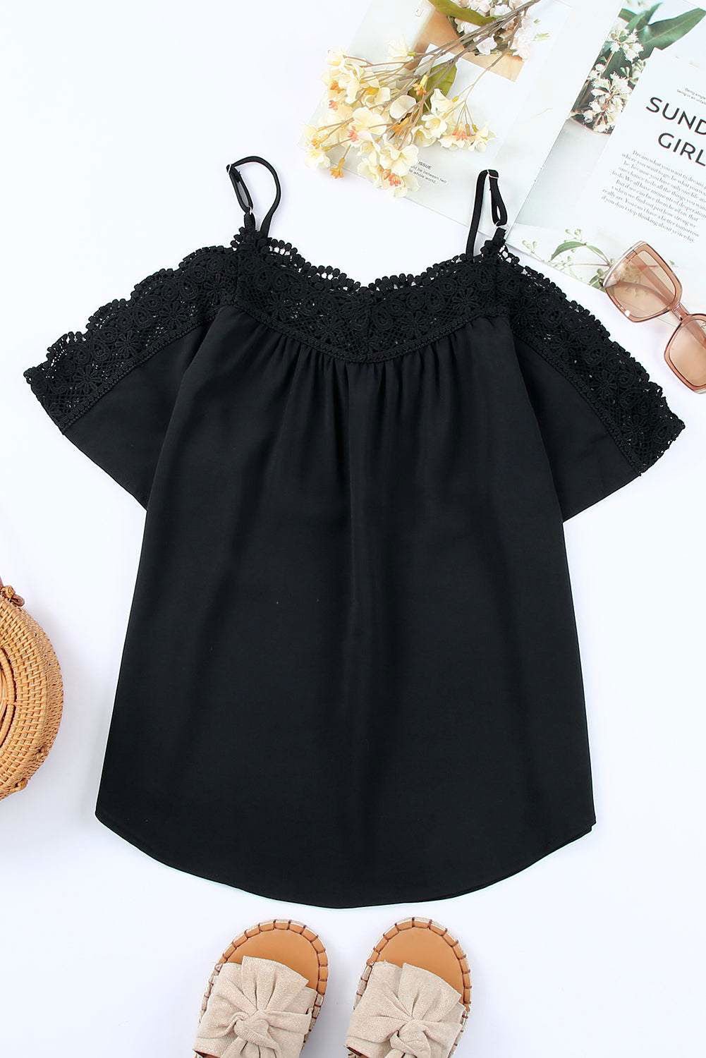 Black Casual Crochet Cold Shoulder Summer Top - Vesteeto