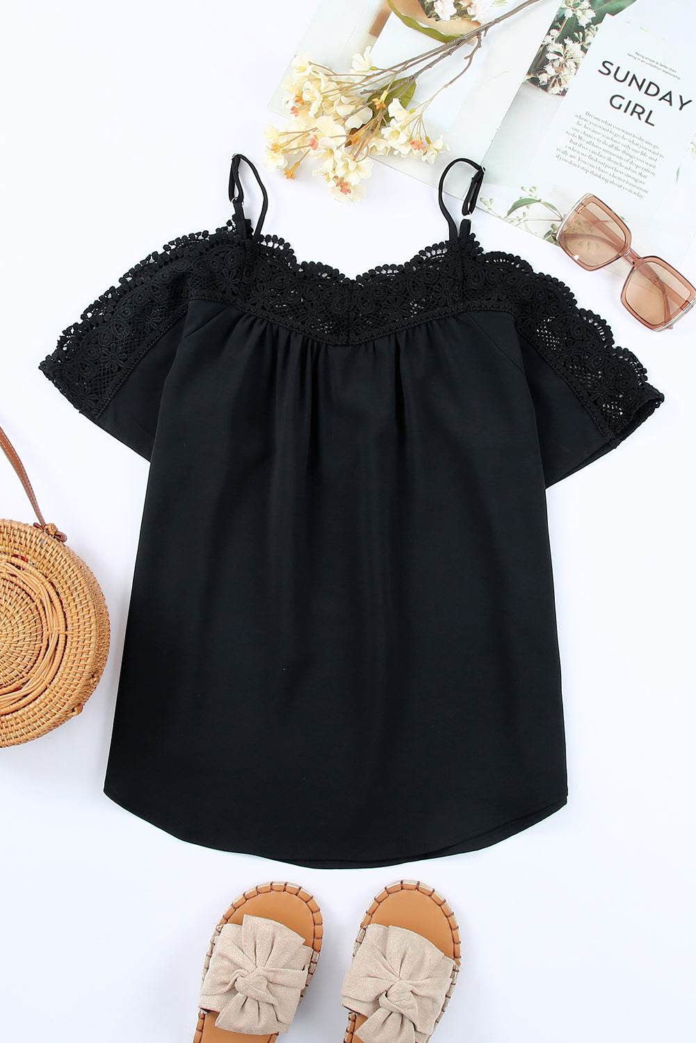 Black Casual Crochet Cold Shoulder Summer Top - Vesteeto