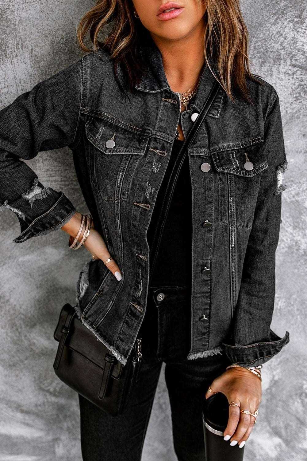 Black Casual Distressed Raw Hem Buttons Denim Jacket 