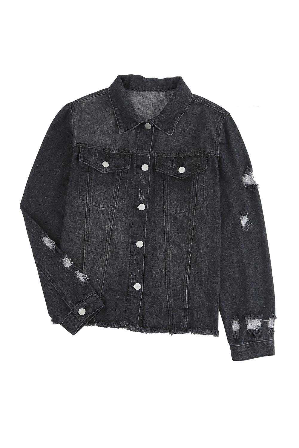 Black Casual Distressed Raw Hem Buttons Denim Jacket 